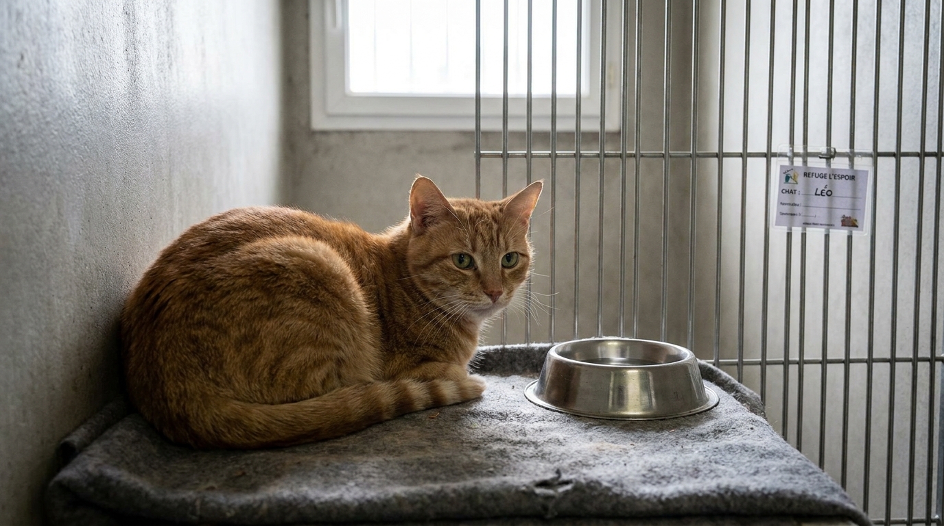 Tyo, un magnifique chat roux de quatre ans, regarde tristement à travers les barreaux de son box dans un refuge, attendant une famille.