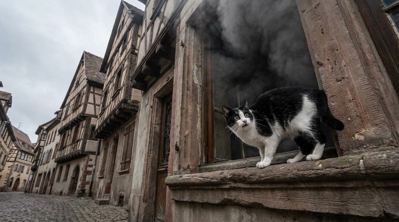 Un chat noir et blanc au bord d'une fenêtre d'un appartement enfumé, se préparant à sauter pour échapper à un incendie.