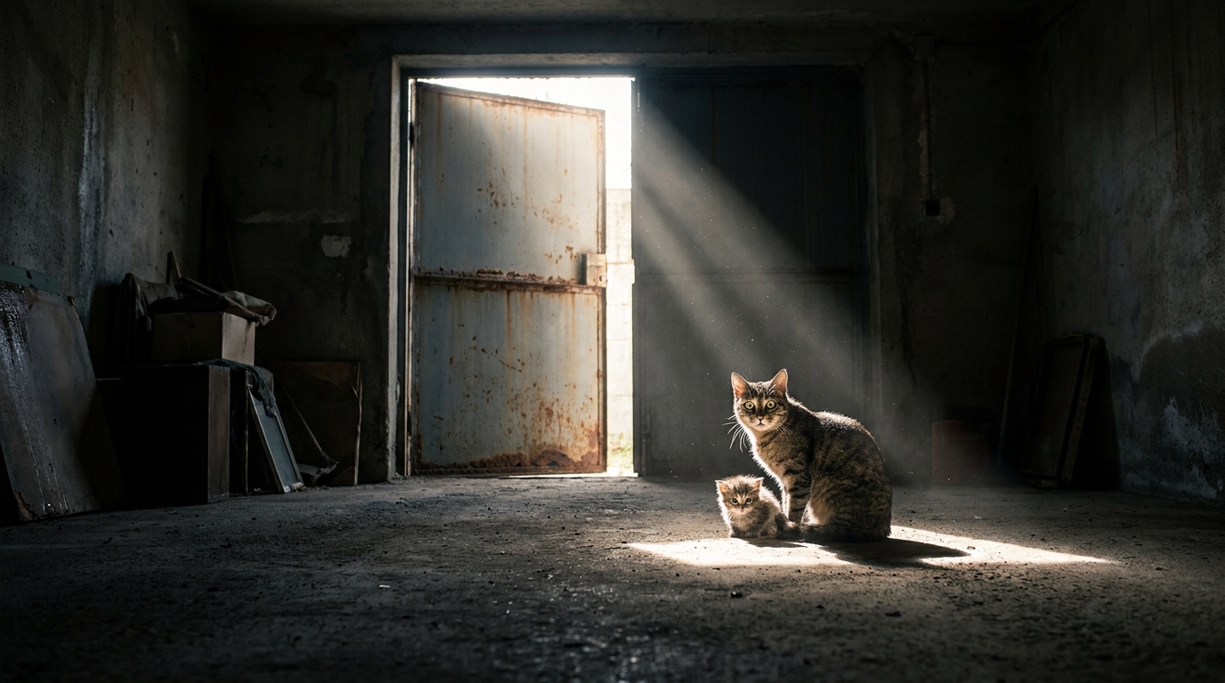 Un chat craintif mais curieux regarde la lumière pour la première fois, sortant de l'obscurité d'un garage où il a été enfermé.