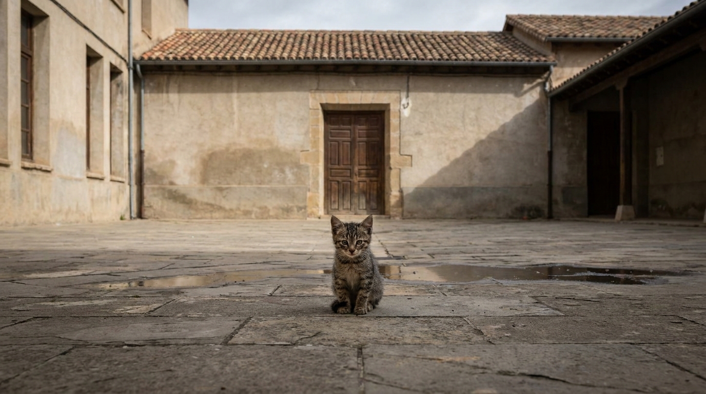 Un jeune chat tigré assis seul dans la cour vide d'une école, symbolisant la vulnérabilité des animaux.