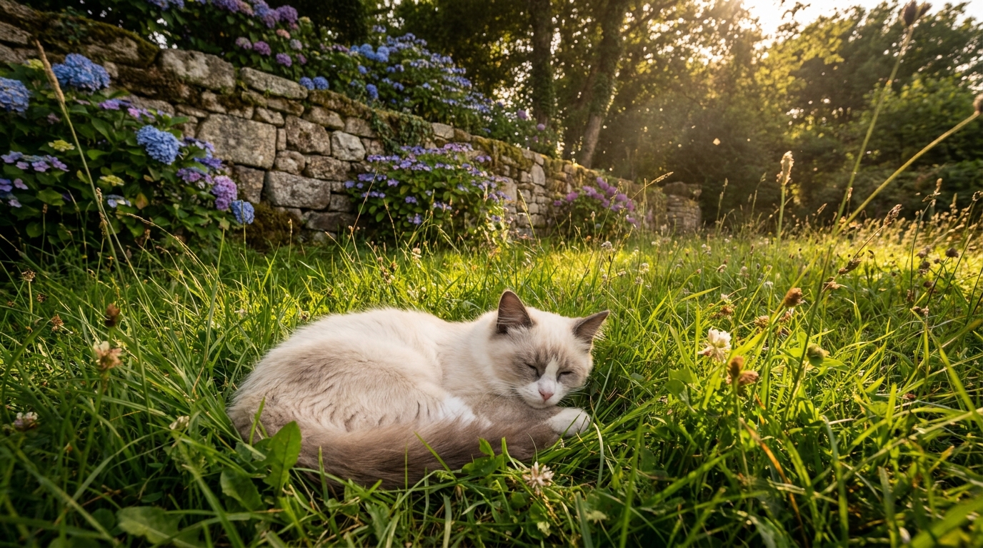 Un chat au pelage clair se prélasse dans l'herbe verte d'un jardin, symbolisant la paix et la sécurité avant le drame vécu par Matcha.