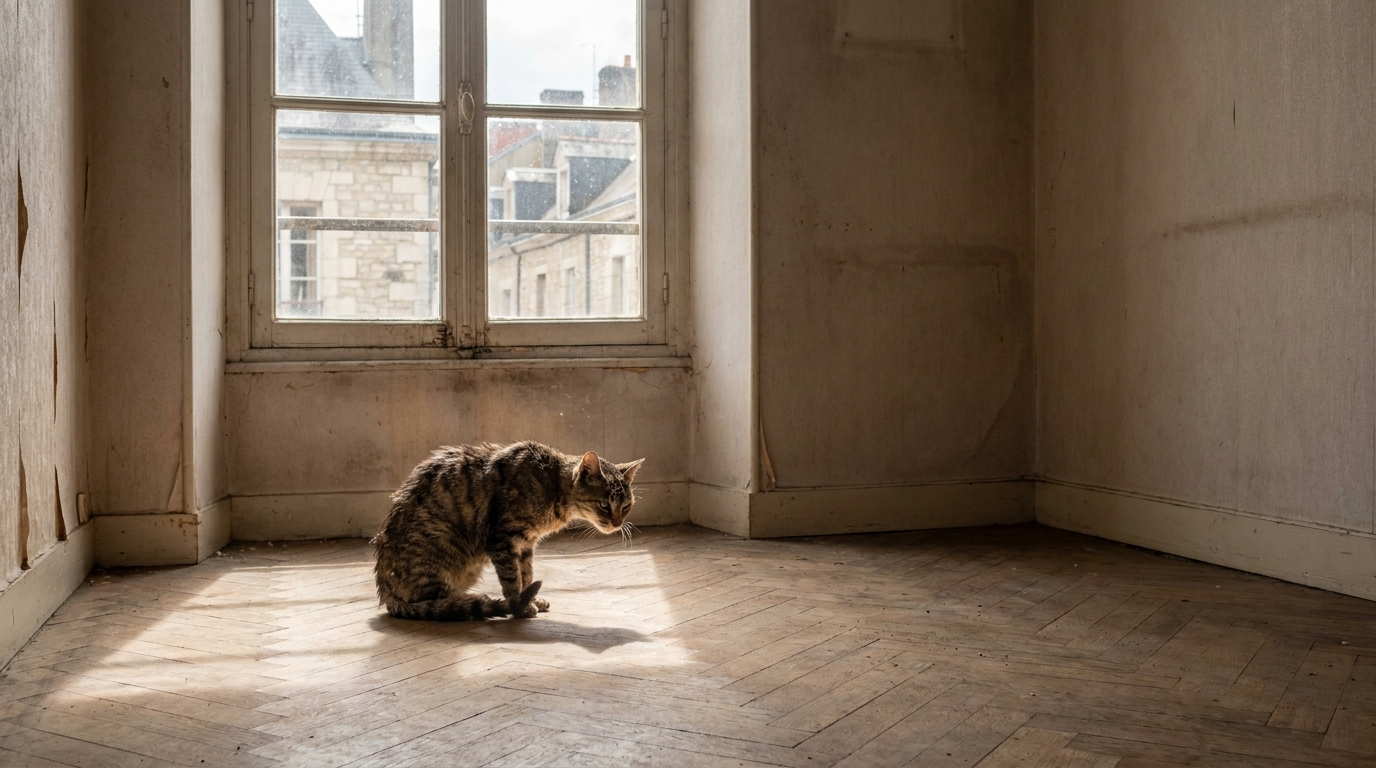Un chat tigré, très amaigri, assis sur le parquet d'un appartement vide et poussiéreux, regardant vers la lumière d'une fenêtre.