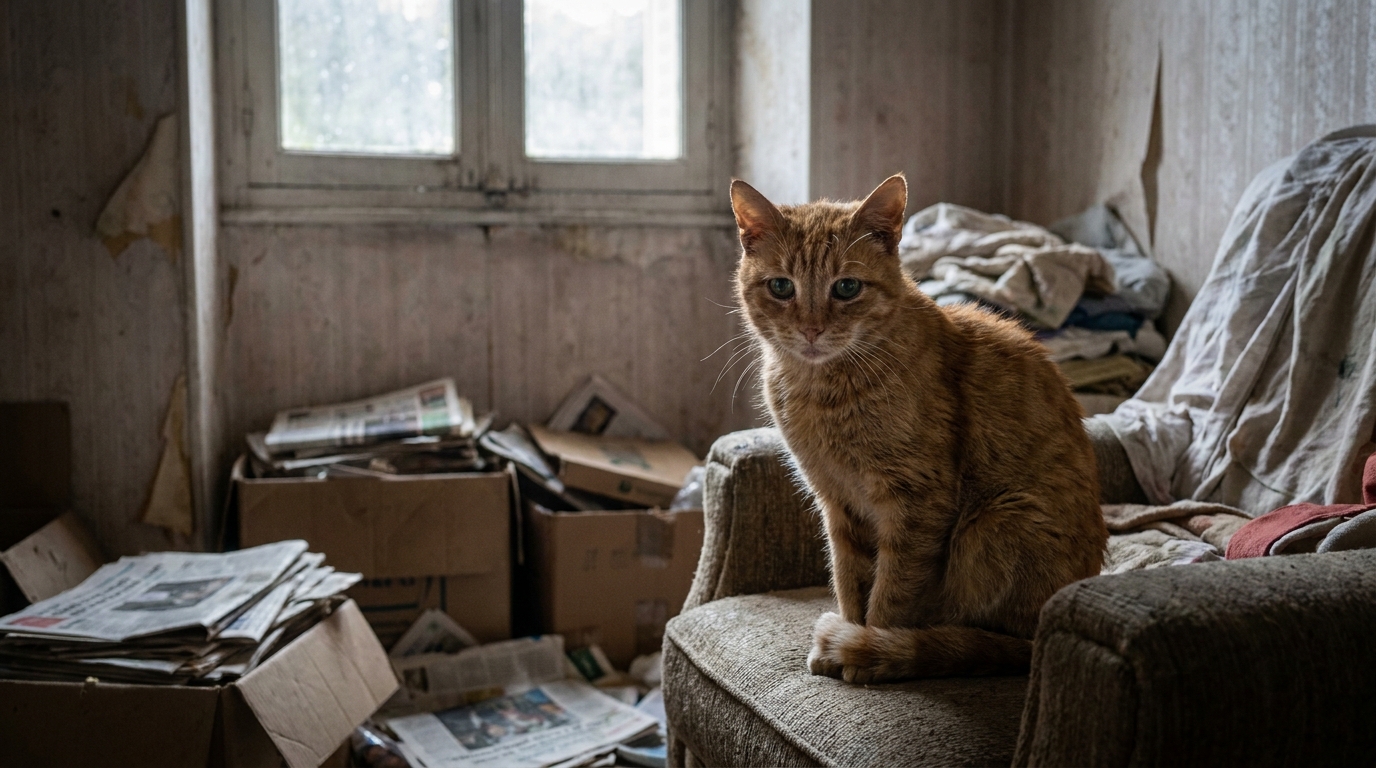 Un chat à l'air triste regarde l'objectif depuis un appartement insalubre, symbolisant le drame de la maltraitance animale à Grasse.