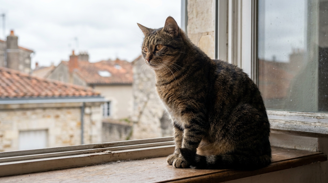 Un chat à l'air résilient, assis sur un rebord de fenêtre, regardant la ville de Poitiers à travers une vitre poussiéreuse.