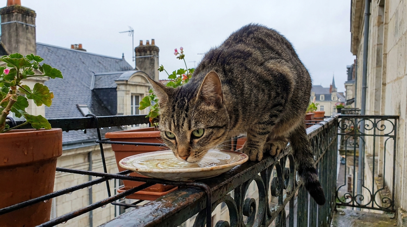 Un chat au poil terne, l'air affaibli mais alerte, regarde à travers une fenêtre d'appartement à Poitiers, symbolisant sa survie miraculeuse.