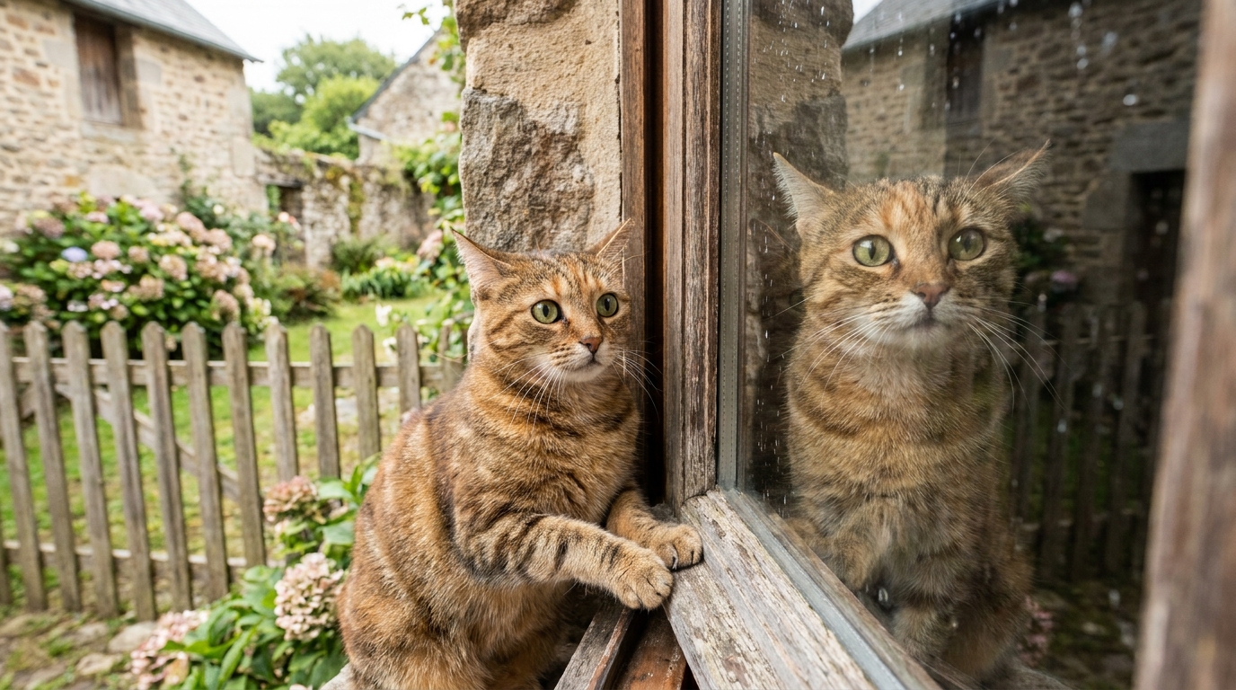 Un chat tigré aux yeux verts, assis sur un rebord de fenêtre, regarde avec une expression inquiète un jardin verdoyant et clôturé.