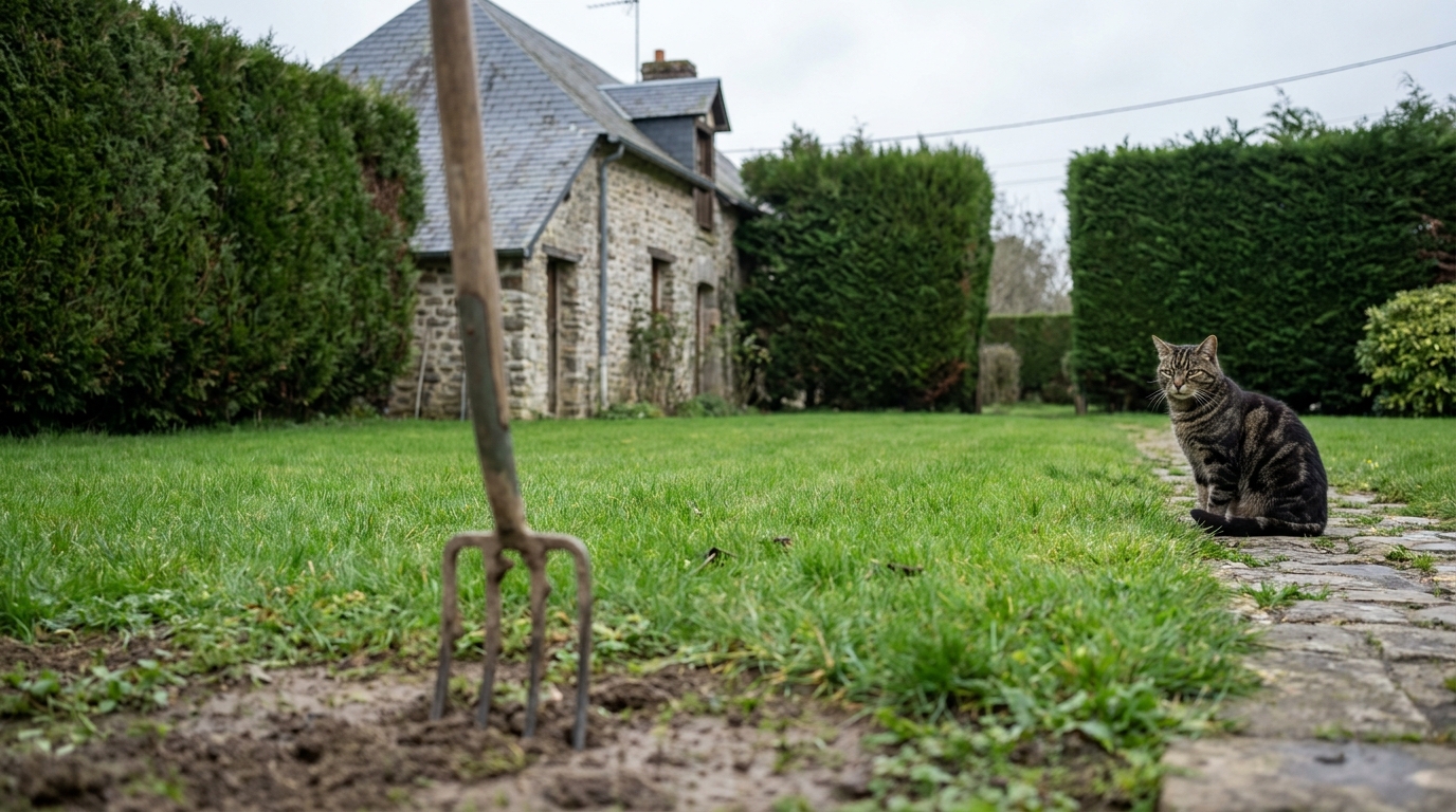 Un chat tigré et blanc dans l'herbe d'un jardin français, semblant observer quelque chose hors champ avec une légère inquiétude.