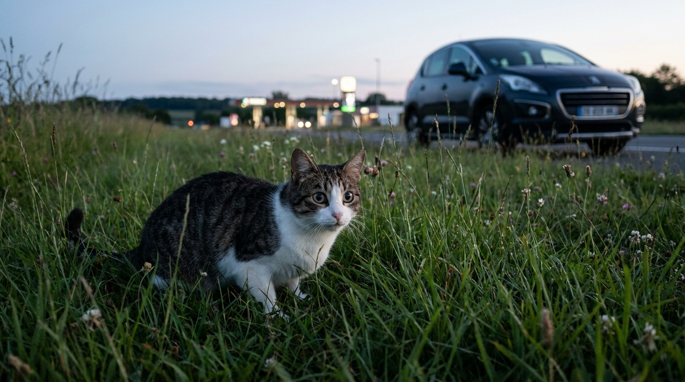 Un chat tigré au regard inquiet, assis près d'une barrière de sécurité sur une aire d'autoroute, symbolisant une perte.