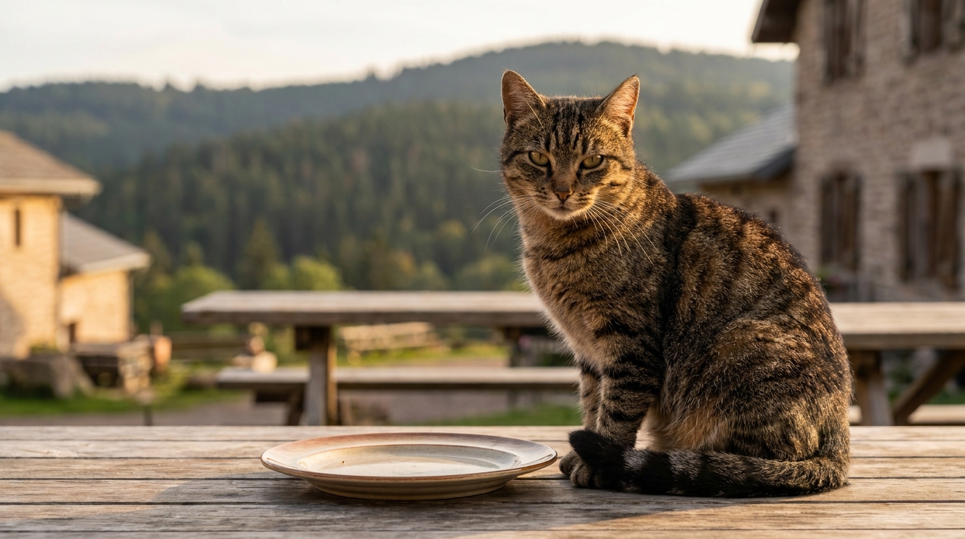 Un chat tigré assis patiemment sur la terrasse d'un restaurant dans les Vosges, attendant de la nourriture, l'air à la fois malin et touchant.
