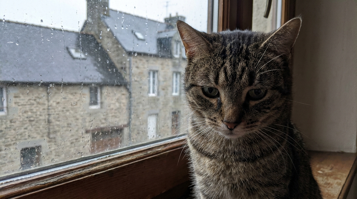 Un chat au regard mélancolique observe la pluie tomber à travers une fenêtre, symbolisant la tristesse et l'enfermement.