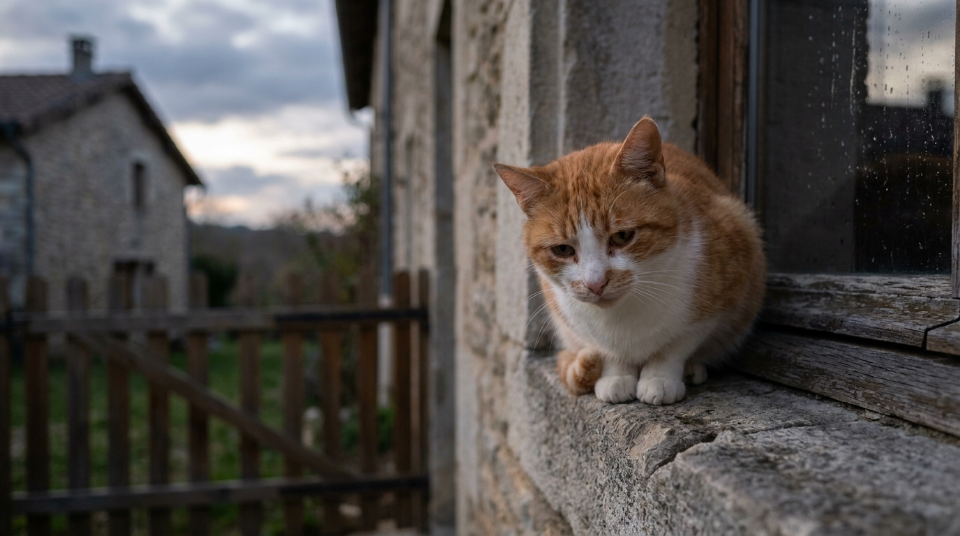 Un chat au regard mélancolique observe l'extérieur depuis une fenêtre, symbolisant la perte et le deuil.