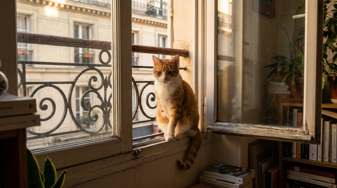 Un chat roux et blanc à trois pattes, assis sur un rebord de fenêtre, regarde dehors, symbolisant l'attente et l'histoire de sa disparition.