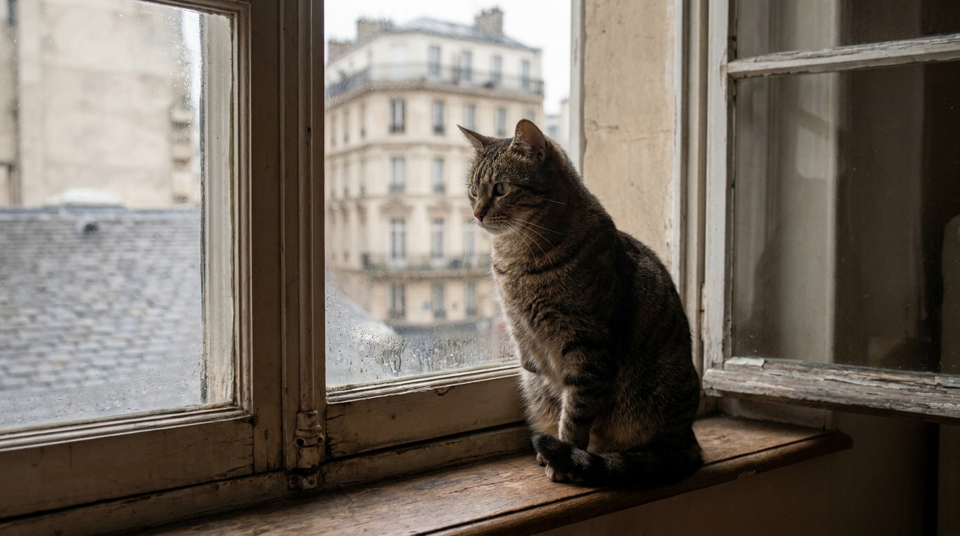 Un chat tigré à trois pattes, Léo, est assis sur un rebord de fenêtre et regarde dehors, l'air inquiet, symbolisant sa disparition.
