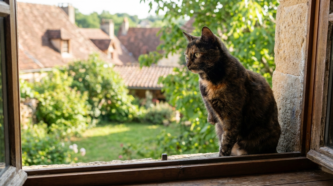 Un chat à trois pattes, au pelage tigré, assis sur un rebord de fenêtre, regarde dehors avec un air mélancolique et courageux.