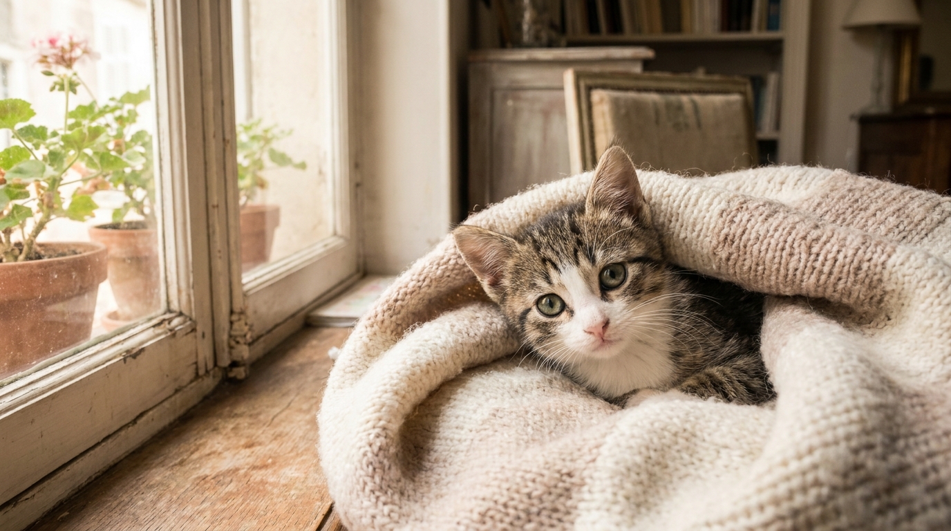 Un jeune chat tigré au regard touchant, se reposant dans un panier douillet après avoir été sauvé, symbolisant l'espoir.