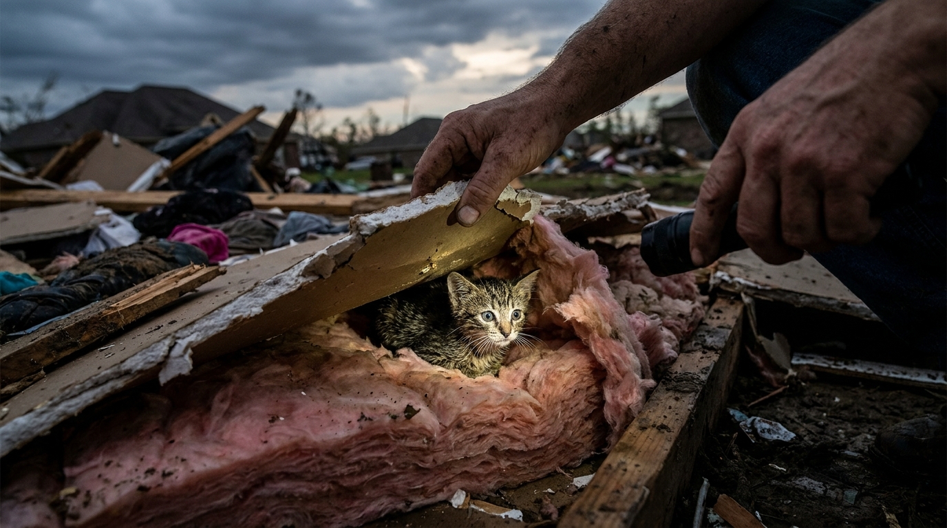 Un tout petit chaton gris, l'air effrayé mais en sécurité, est blotti dans les mains d'un secouriste après une tornade.