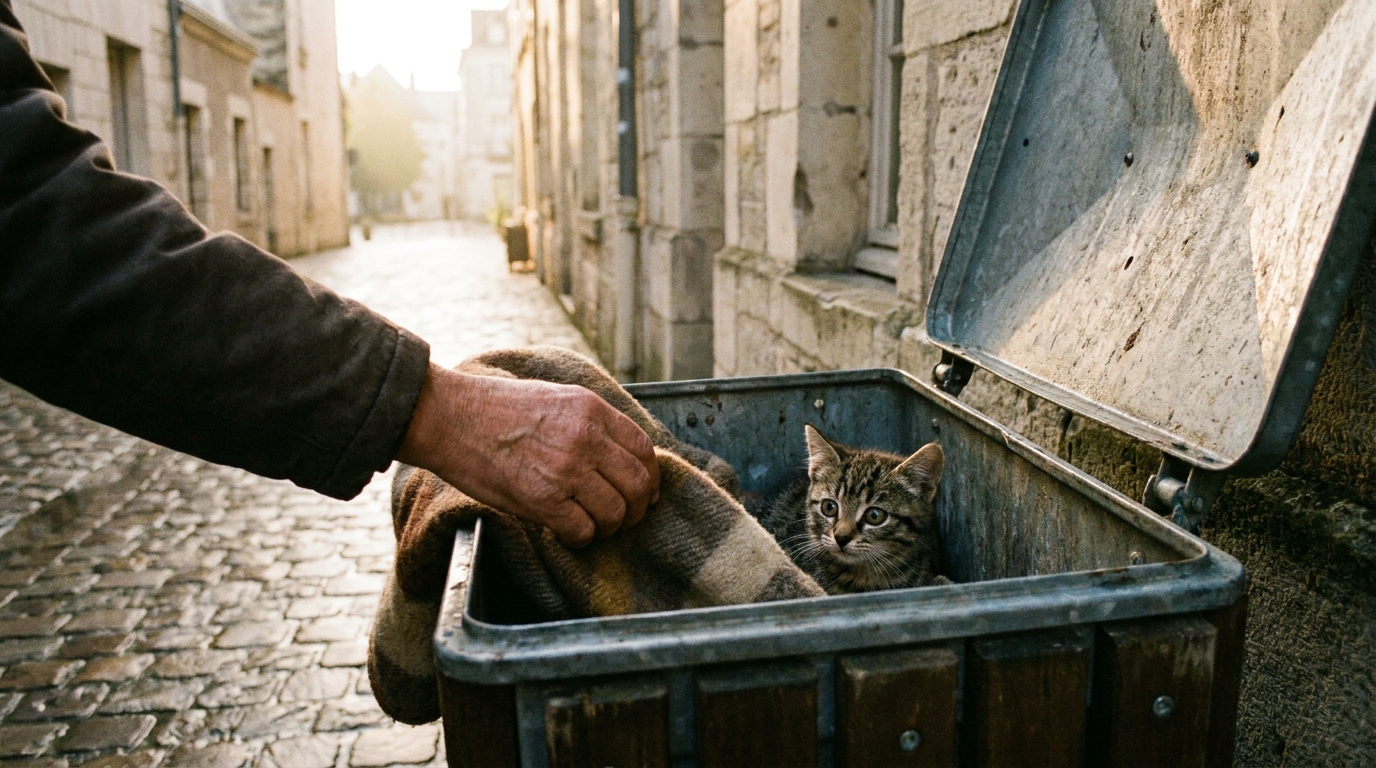 Un petit chaton tigré est délicatement secouru d'une poubelle dans une rue de Tours, symbolisant l'espoir et la générosité.