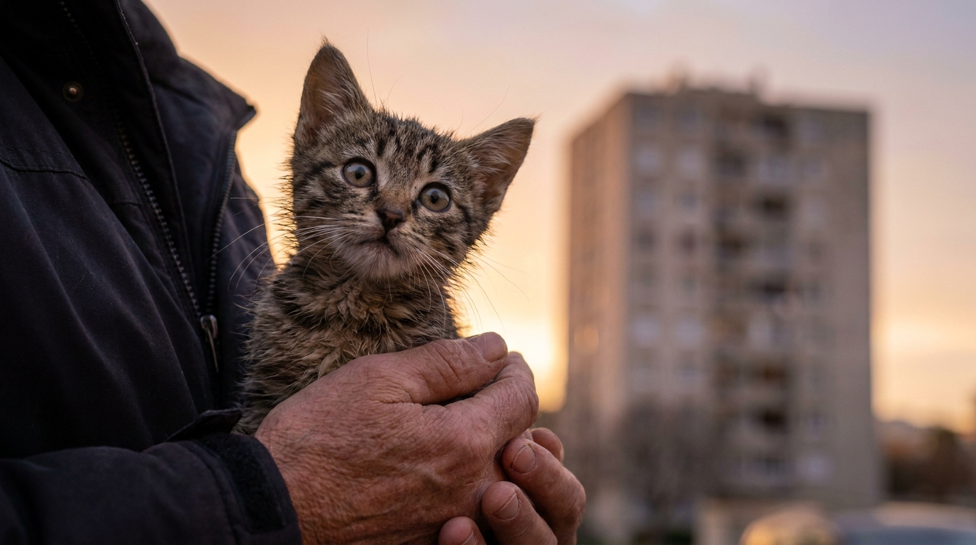 Un petit chaton tigré, rescapé d'une chute à Marseille, est soigné avec douceur par un membre d'une association de protection animale.
