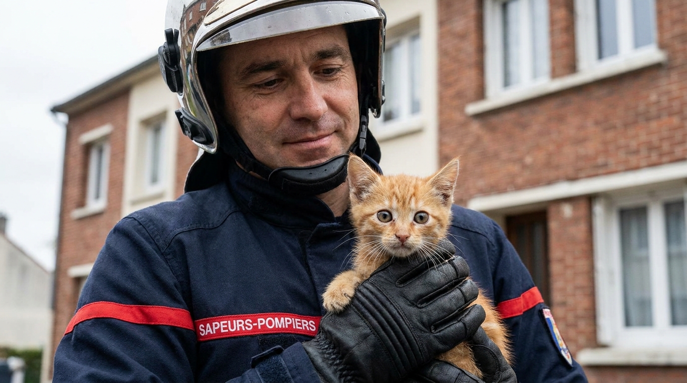 Un pompier français en uniforme tient délicatement un jeune chaton effrayé dans ses bras, devant la façade d'un immeuble modeste.