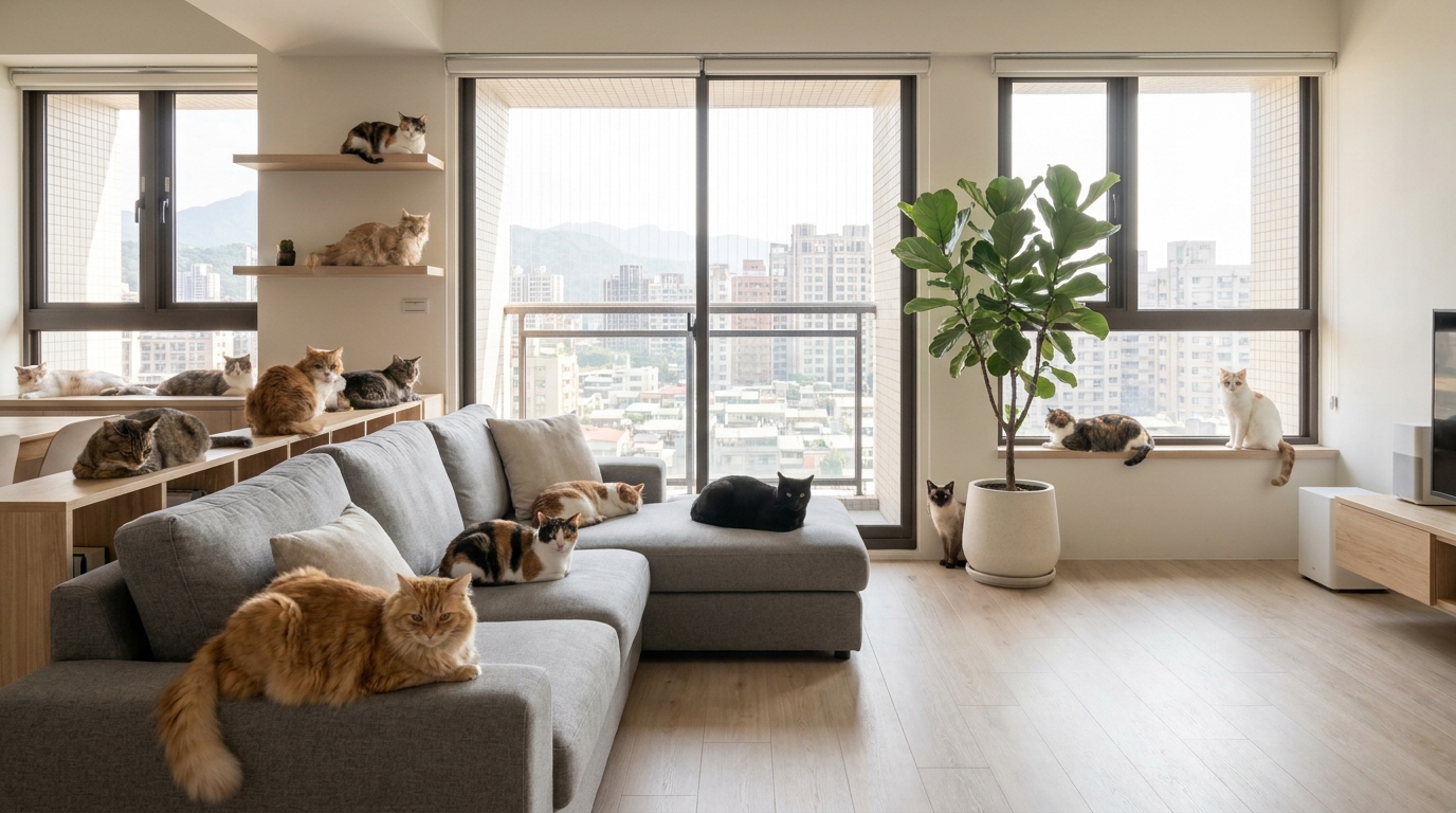 Une soixantaine de chats de toutes les couleurs se reposant paisiblement dans un grand appartement moderne et lumineux à Taipei.