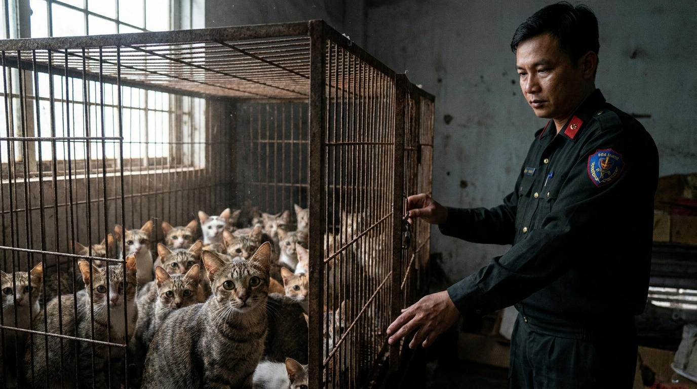 Un groupe de chats effrayés dans une cage, l'un d'eux regarde l'objectif, symbolisant le sauvetage de 400 félins au Vietnam.