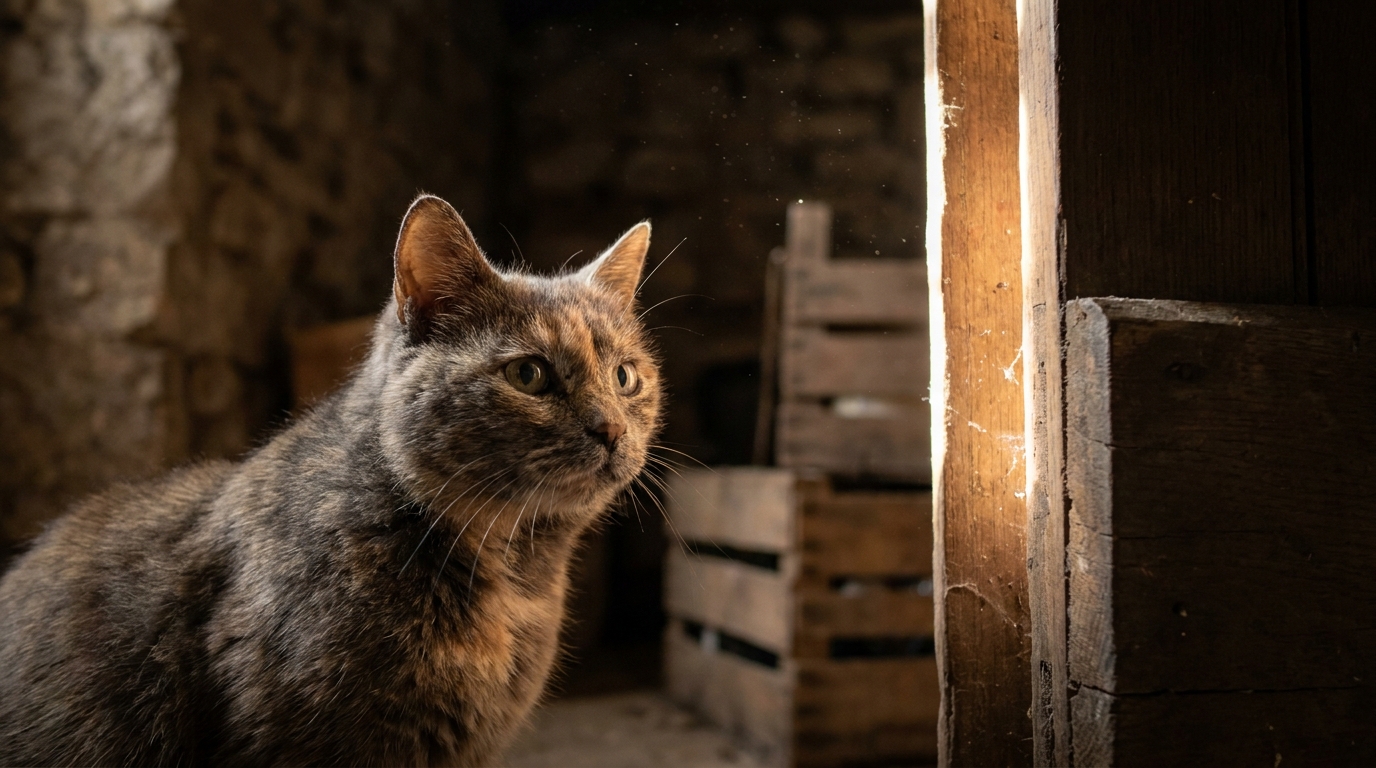 Une chatte âgée, un peu craintive mais curieuse, est assise sur une couverture douillette et regarde vers une fenêtre baignée de lumière douce.