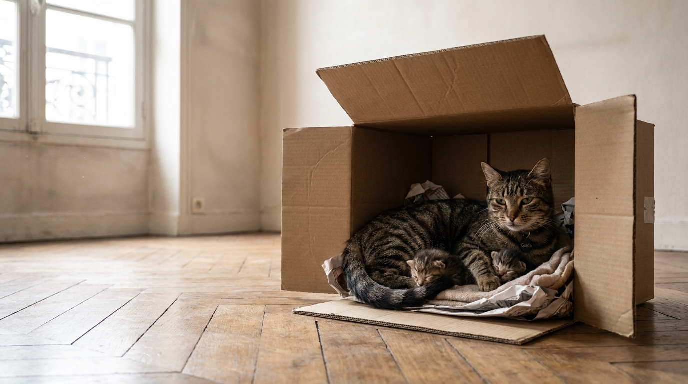 Une maman chatte tigrée veille sur ses deux chatons nouveau-nés, blottis ensemble dans un carton de déménagement dans un appartement vide.