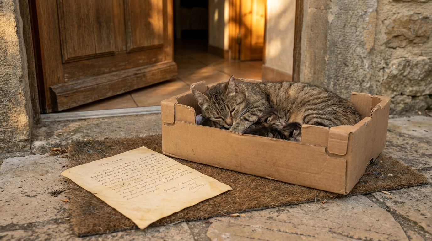 Une chatte tigrée blottie contre ses chatons nouveau-nés dans un carton, avec une lettre manuscrite posée à côté.