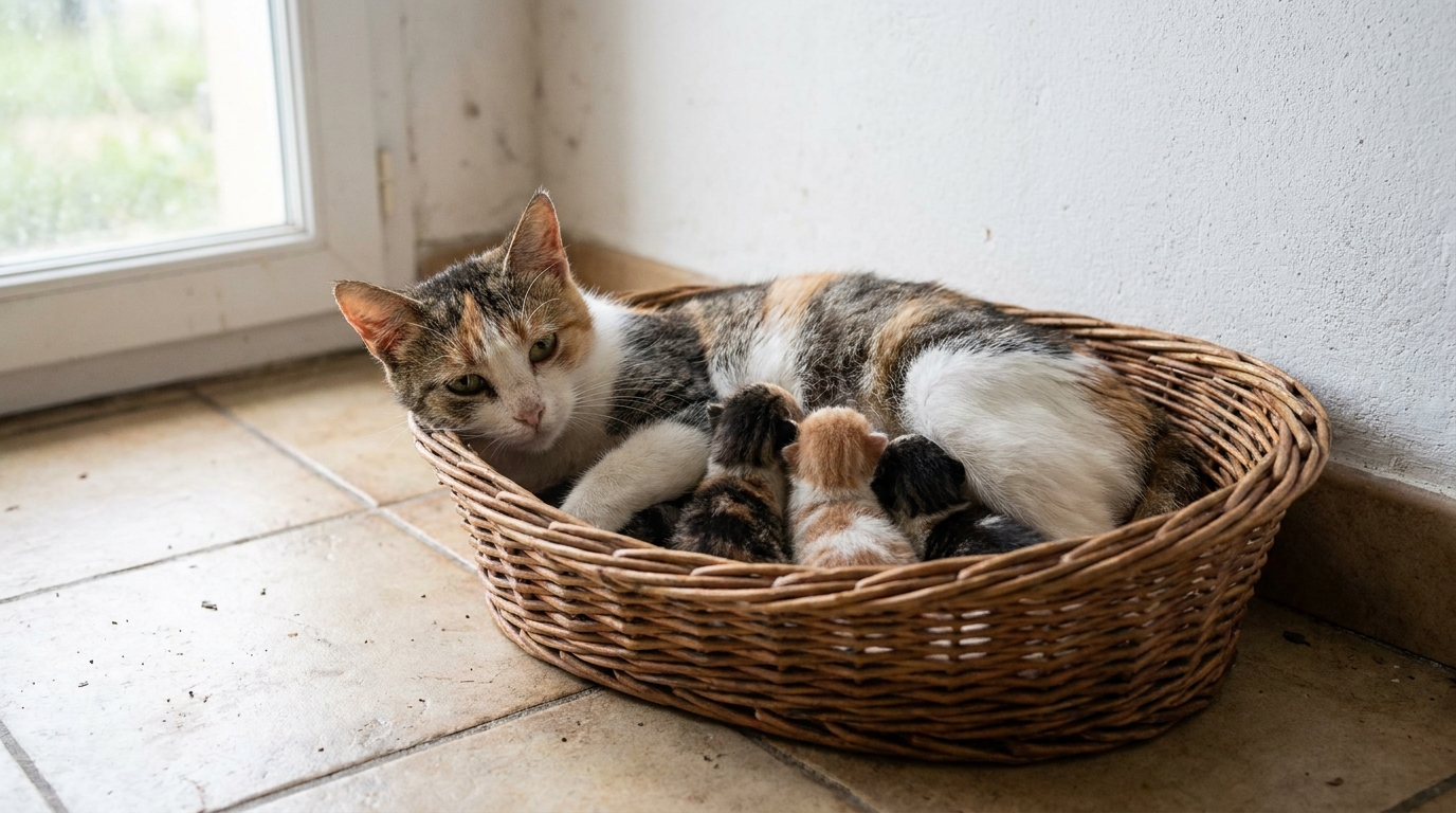 Une chatte au regard triste se repose avec ses chatons nouveau-nés dans un panier douillet au sein d'un refuge.