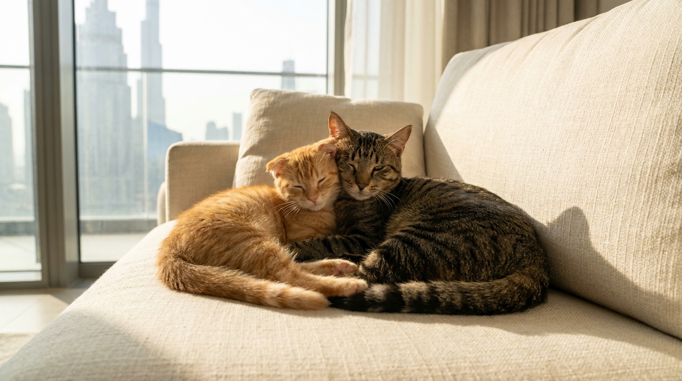 Une chatte rousse à qui il manque une oreille et un chat tigré borgne se blottissent tendrement l'un contre l'autre sur un canapé.