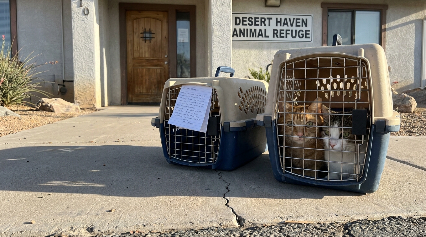 Deux adorables chattes se serrent l'une contre l'autre dans une caisse de transport, avec une note manuscrite visible à côté.