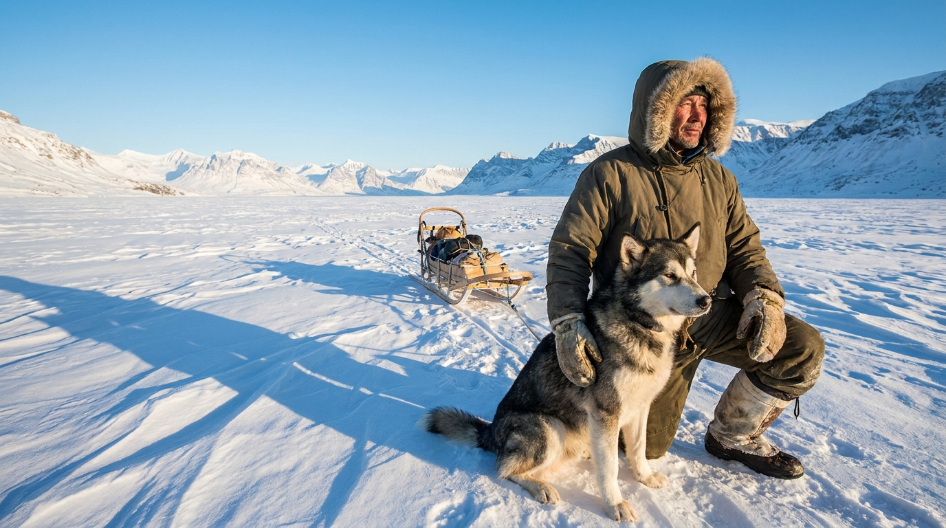 Un explorateur et son chien de traîneau dans la neige du Groenland, participant à une expérience nutritionnelle unique.