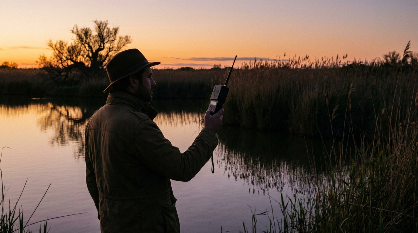Un scientifique dans un marais de Camargue, tenant un détecteur d'ultrasons à la tombée de la nuit, avec des roseaux en arrière-plan.