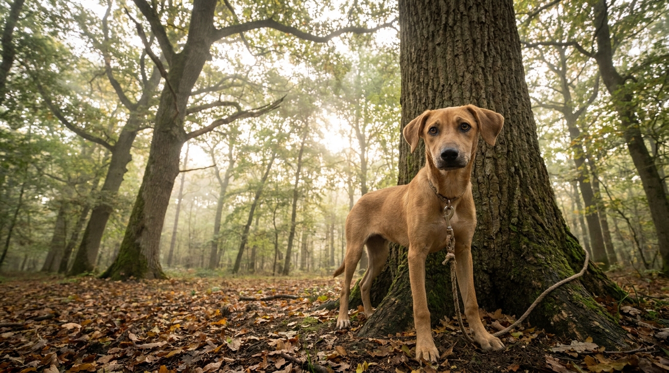 Un jeune chien au regard triste, attaché par une corde à un arbre dans une forêt, attendant d'être secouru.
