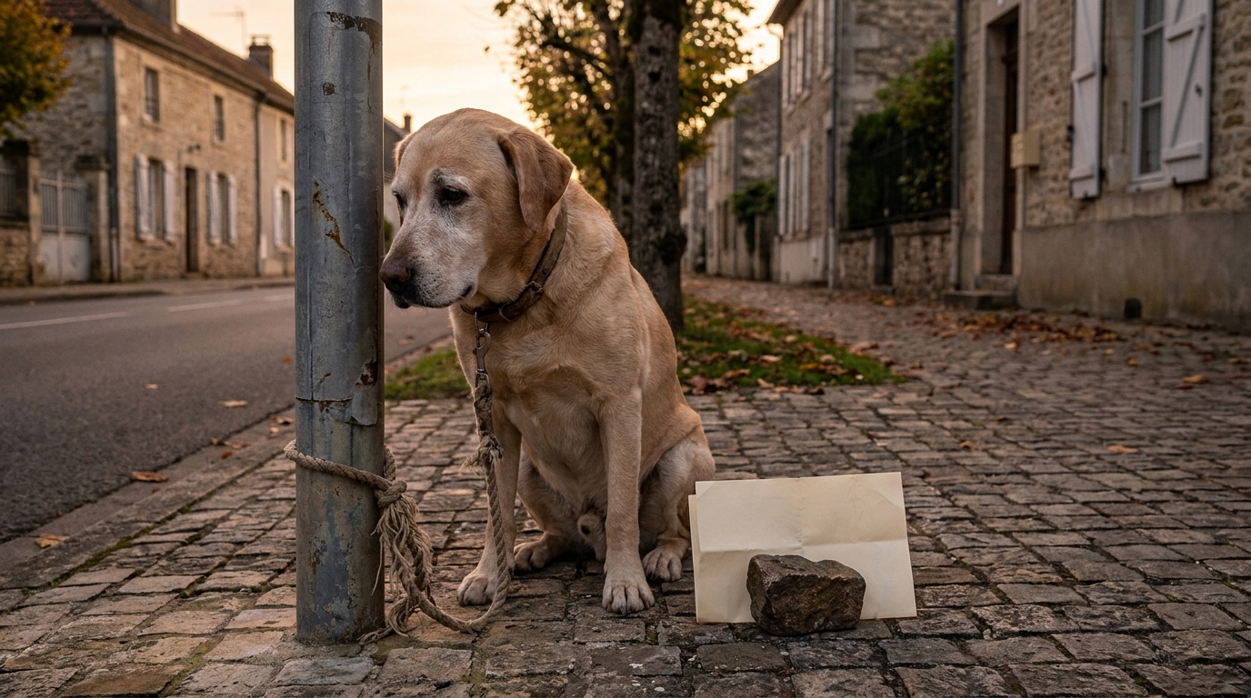 Un chien au regard triste attaché à un poteau dans la rue, avec une lettre posée à côté de lui sur le trottoir.