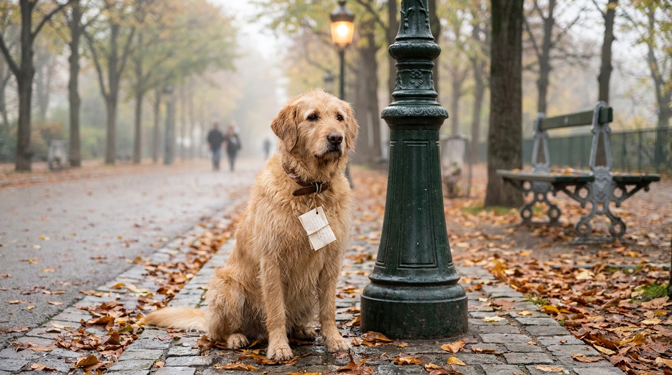 Un chien de type Golden Retriever assis tristement au pied d'un poteau dans un parc, avec une note en papier attachée à son collier.