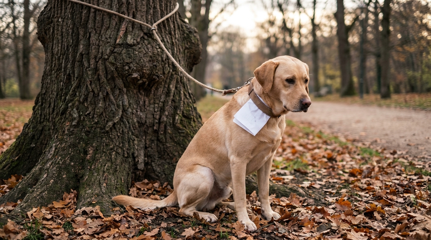 Un chien de type Labrador croisé, assis tristement au pied d'un arbre dans un parc, avec une note en papier attachée à son collier.