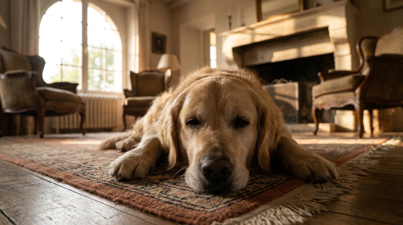 Un chien malade, l'air triste et fatigué, est couché sur un tapis dans un salon, illustrant un symptôme d'urgence vétérinaire.