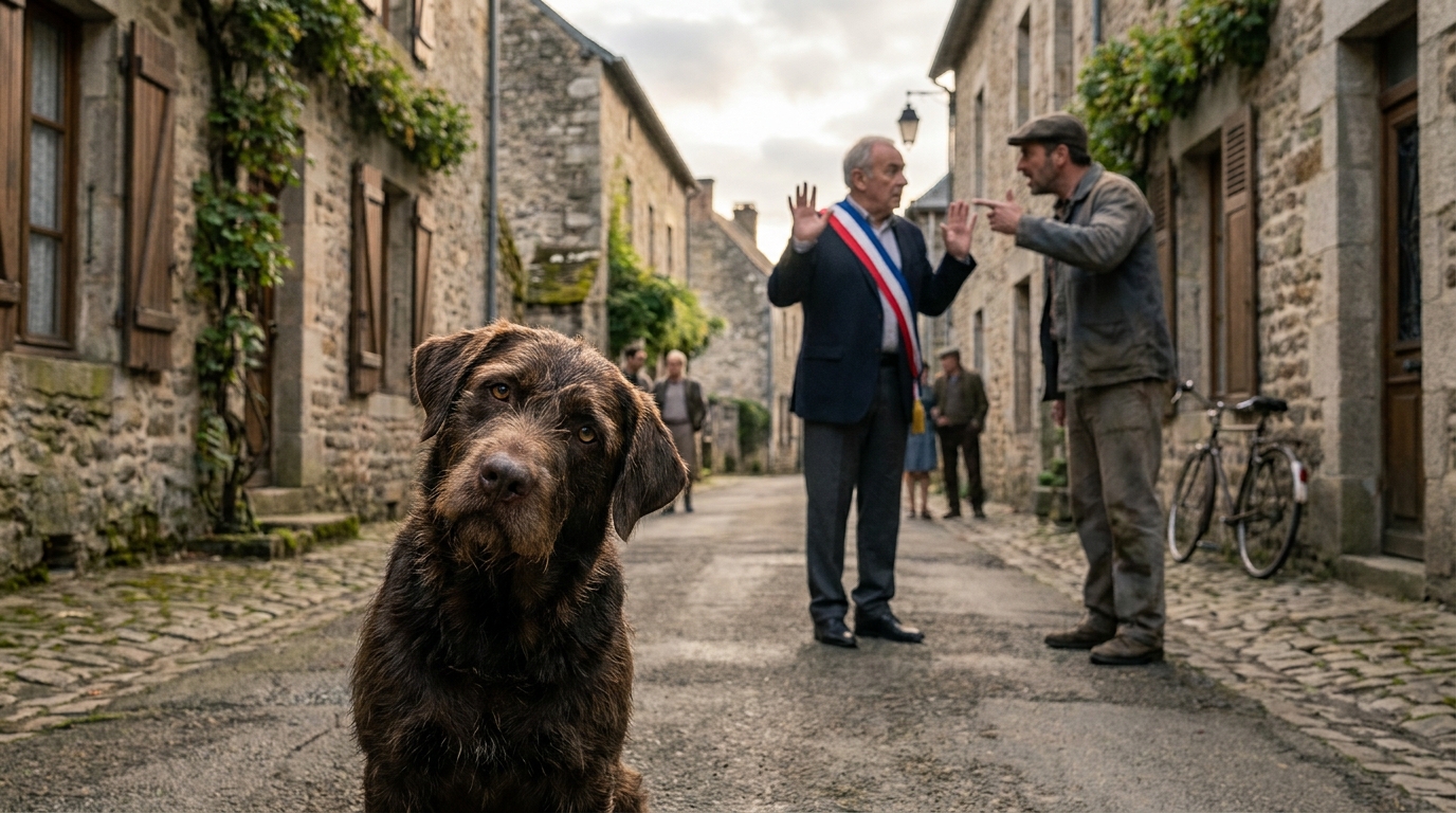 Un chien regarde la caméra, l'air perdu, dans une rue de village français, tandis qu'une altercation a lieu en arrière-plan.