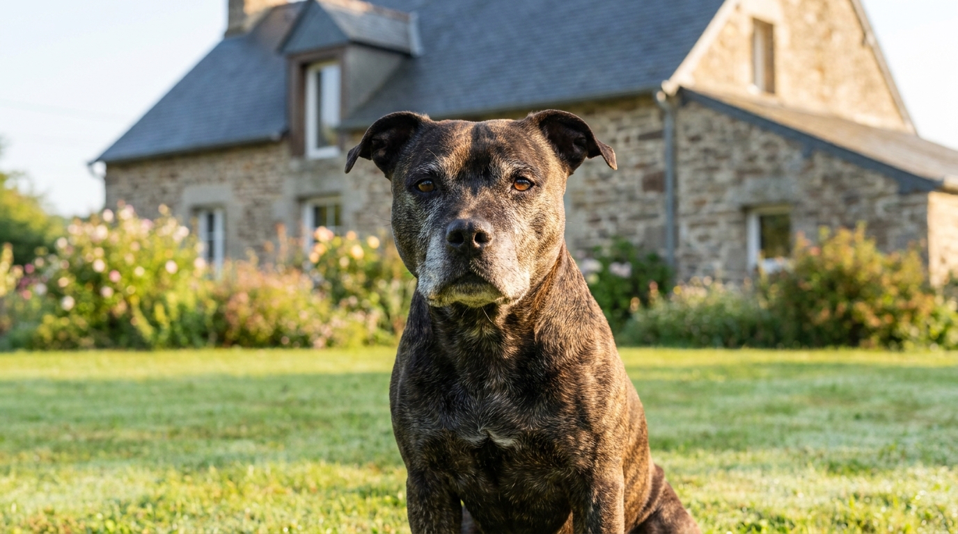 Odin, un American Staffordshire Terrier de 8 ans au regard doux, assis dans l'herbe après son sauvetage par une association.