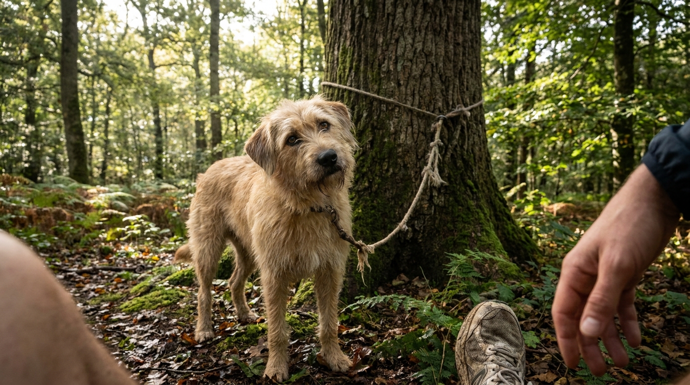 Un jeune chien de race croisée est attaché à un arbre dans la Forêt d'Eu, attendant d'être secouru par des coureurs.