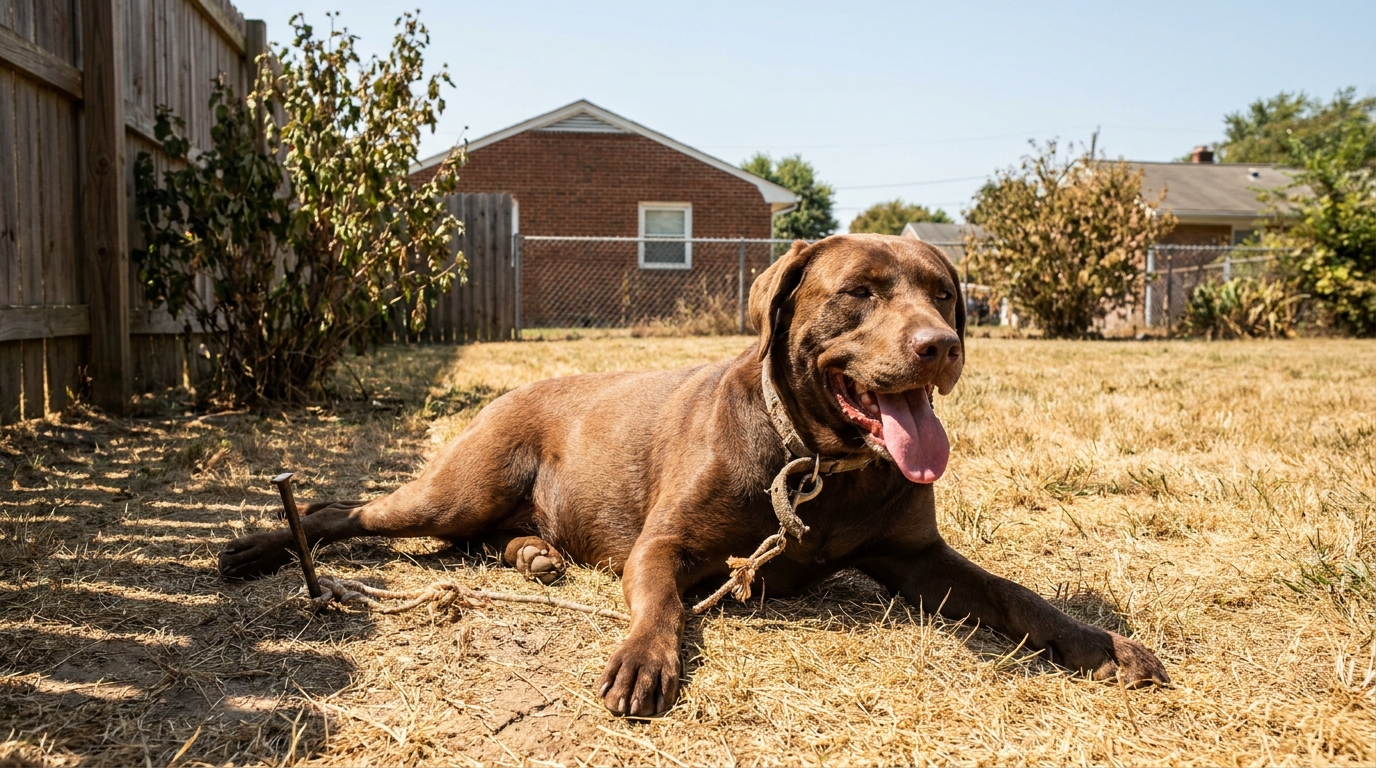 Un chien d'apparence triste est attaché à une laisse courte dans un jardin aride sous un soleil de plomb, illustrant le danger des fortes chaleurs.