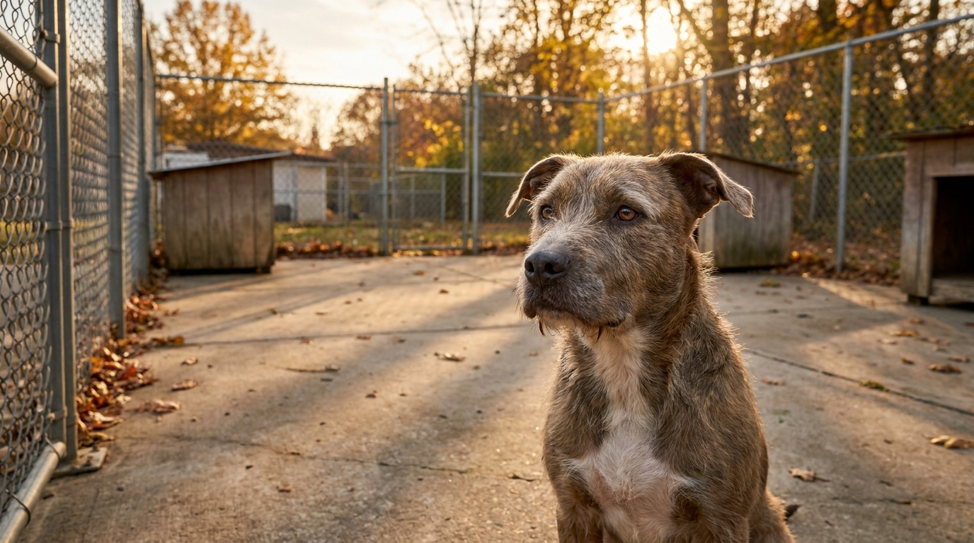 Un adorable chien au regard triste et plein d'espoir attend patiemment dans la cour d'un refuge animalier avant son adoption.
