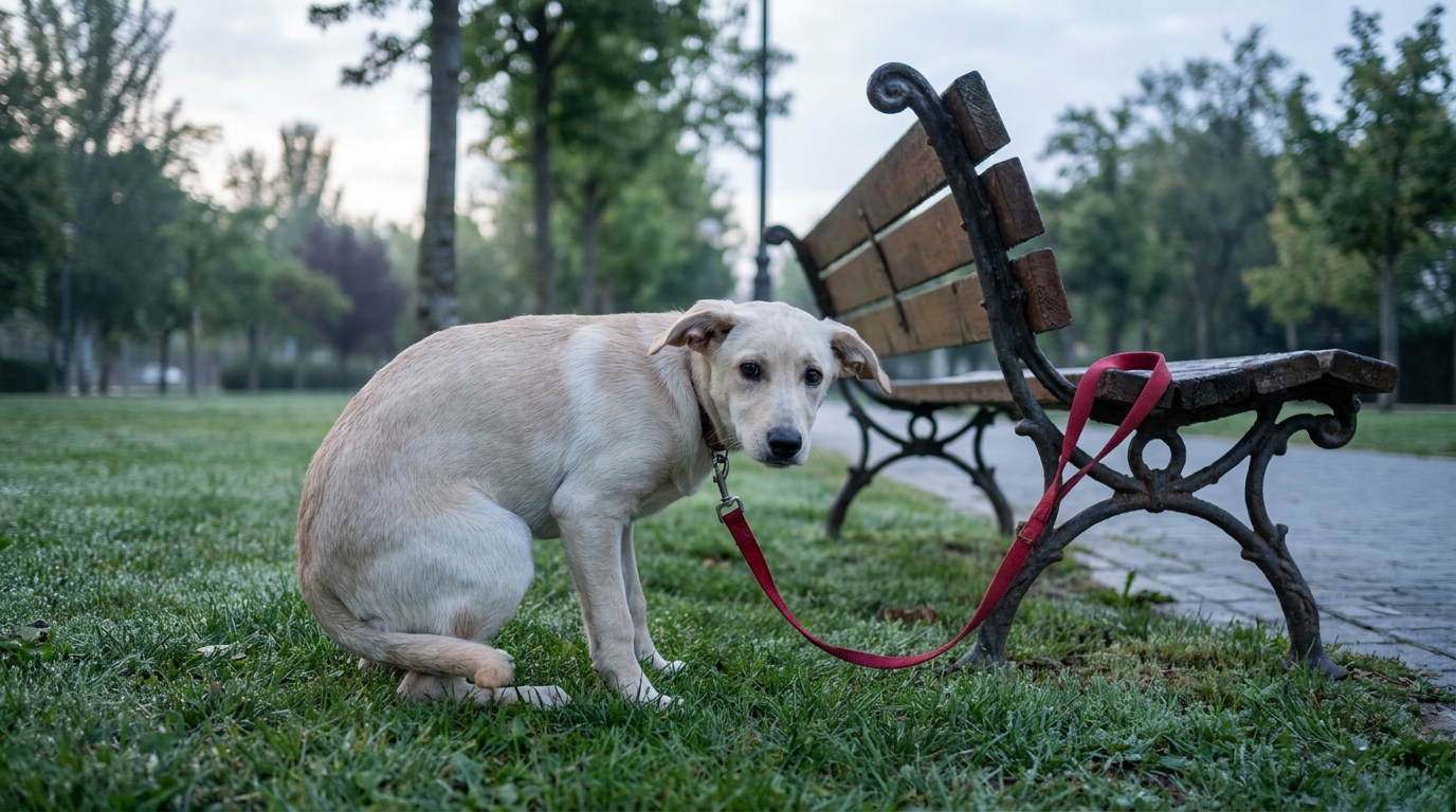 Un jeune chien de type bâtard, l'air triste et craintif, est assis sur l'herbe, attaché par sa laisse à un banc de parc public vide.
