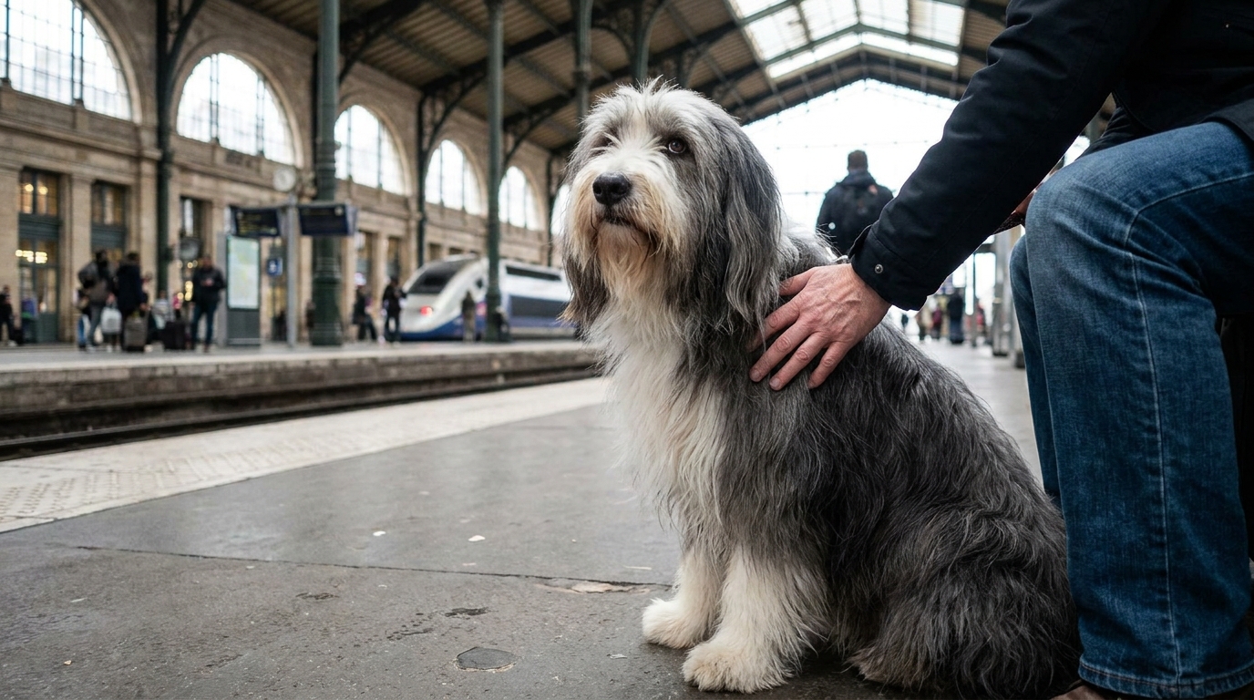 Un chien de race Bearded Collie assis sur le quai d'une gare à Paris, son maître posant une main rassurante sur lui.