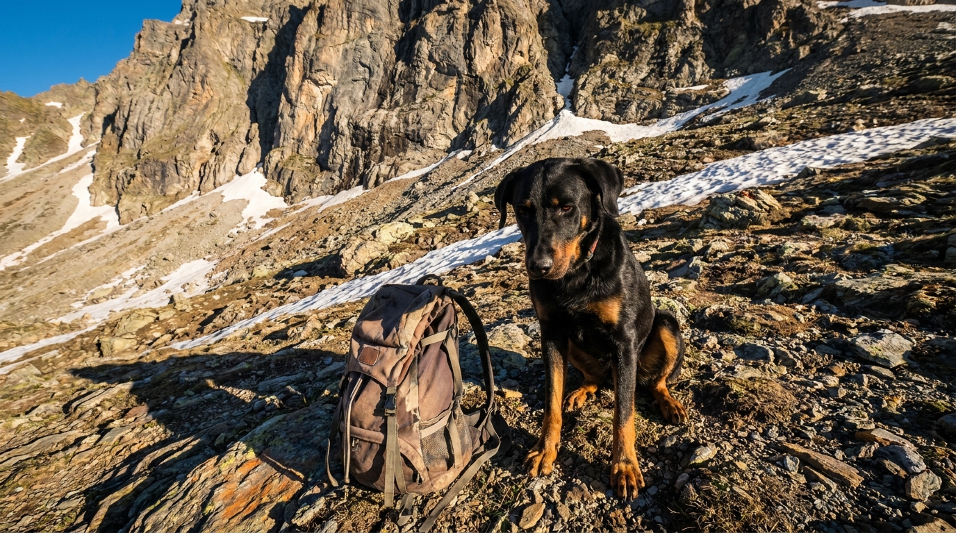 Un chien de race beauceron assis dans un paysage de montagne rocheux, regardant au loin avec une expression loyale et triste.