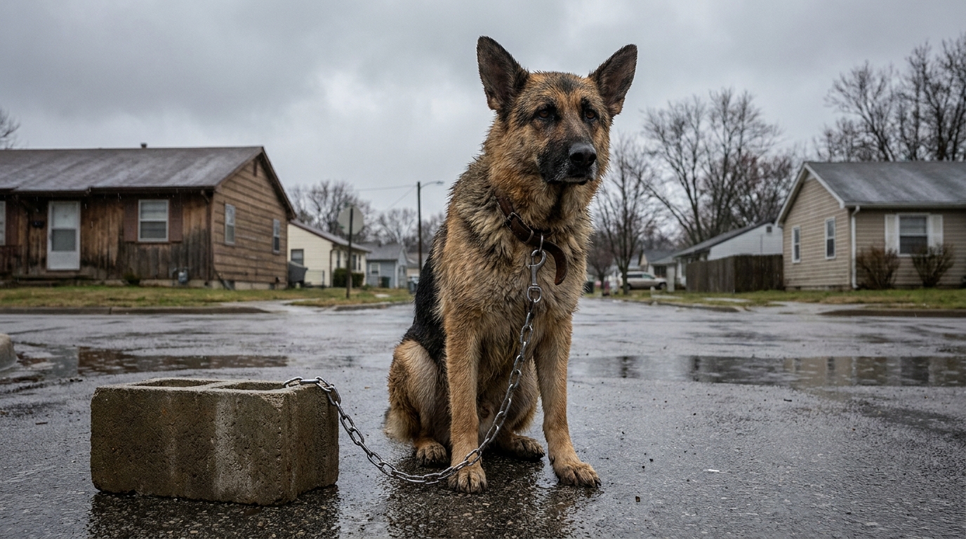 Un Berger Allemand au regard triste, assis sur un trottoir humide après la pluie, avec un bloc de béton visible à côté de lui.