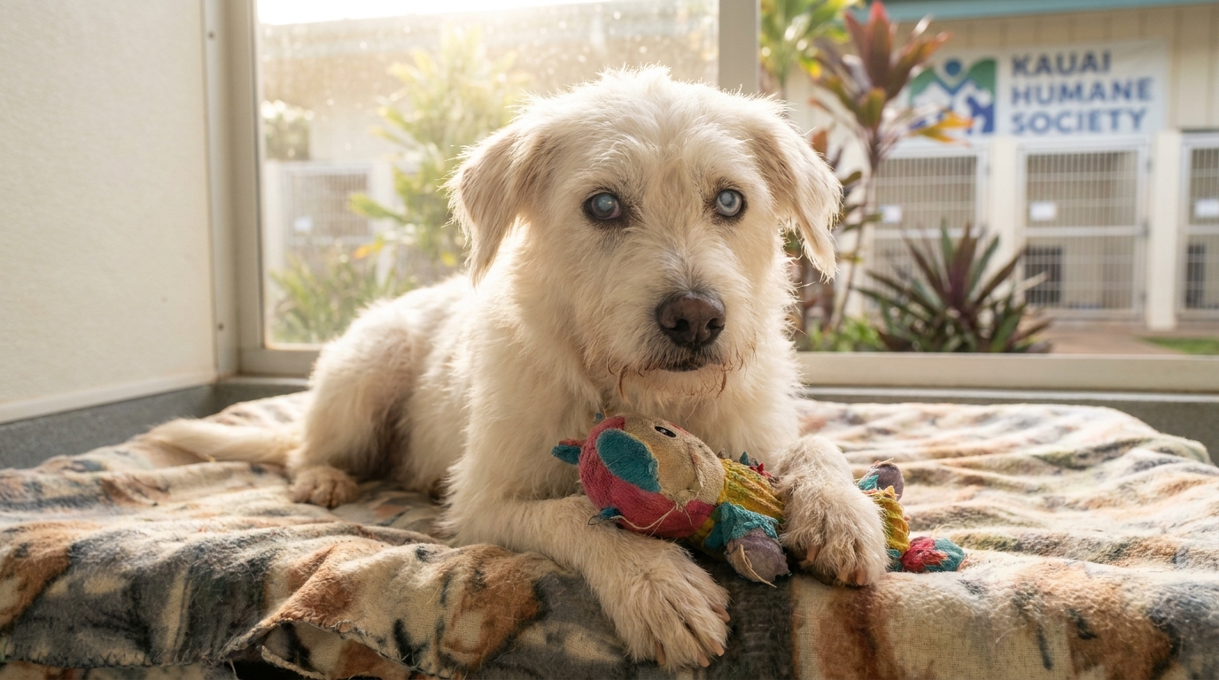 Un adorable chien blanc aux yeux bleus, sourd et malvoyant, serre tendrement une peluche contre lui dans son box de refuge.
