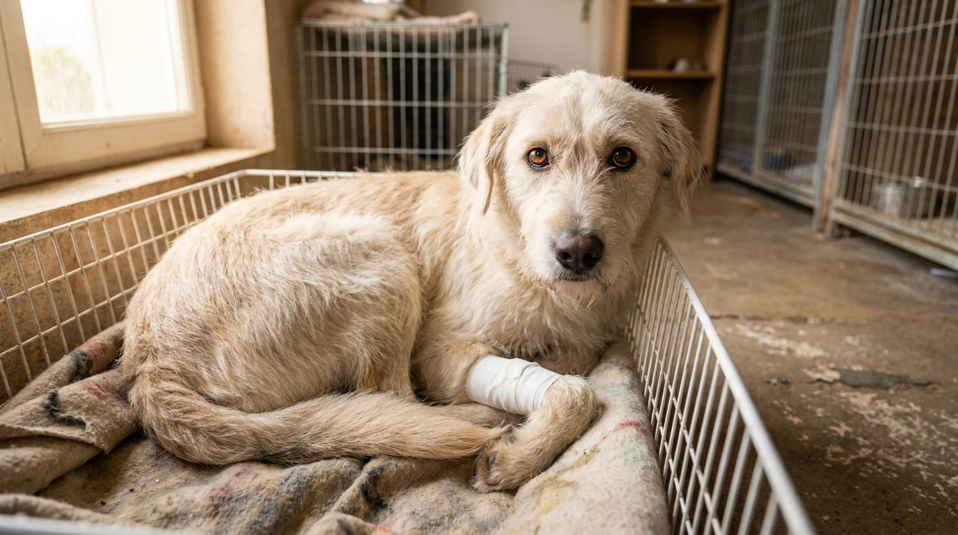 Un chien au regard triste et plein d'espoir, avec des bandages visibles, couché dans un panier au sein d'un refuge de la SPA en France.