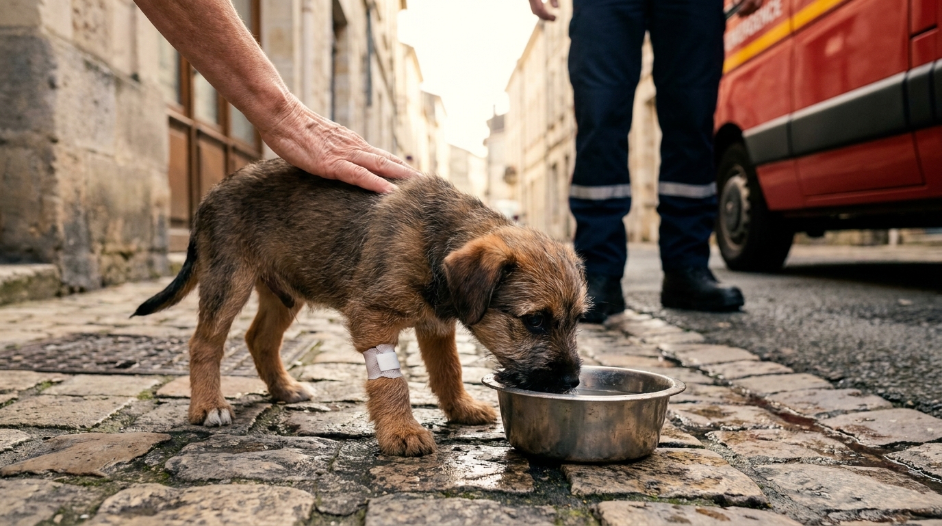 Un petit chien blessé à la patte boit de l'eau dans une gamelle, réconforté par une voisine après une attaque à Angoulême.